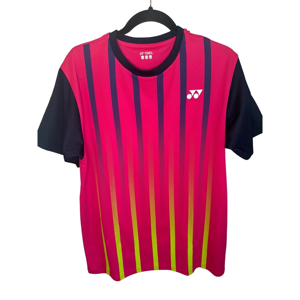 Yonex Mens Pink Navy Blue Striped Athletic Tennis Badminton T-Shirt Size Small